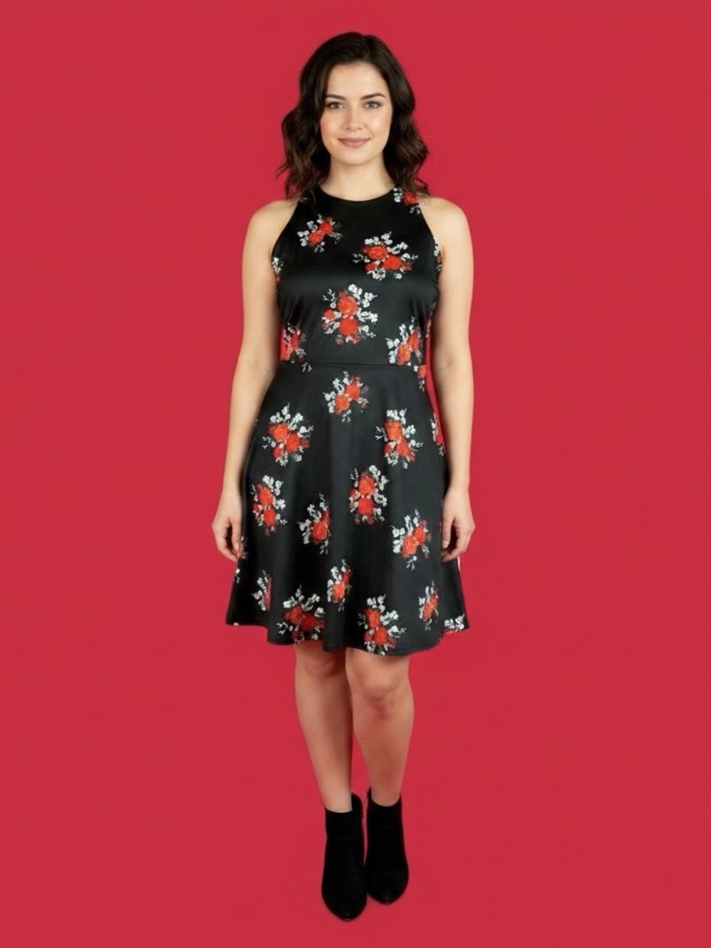 H&M Divided Black Red floral mini Dress round neck size 12 stretch v neck back